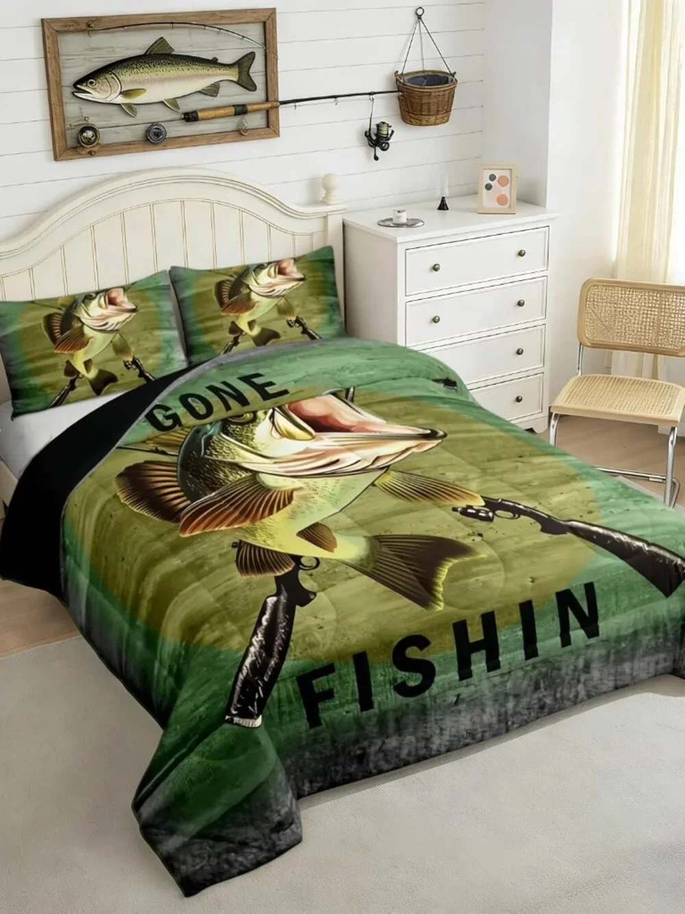 Pike Fish Hunting Comforter Set Twin Size Kids Boys Bedding